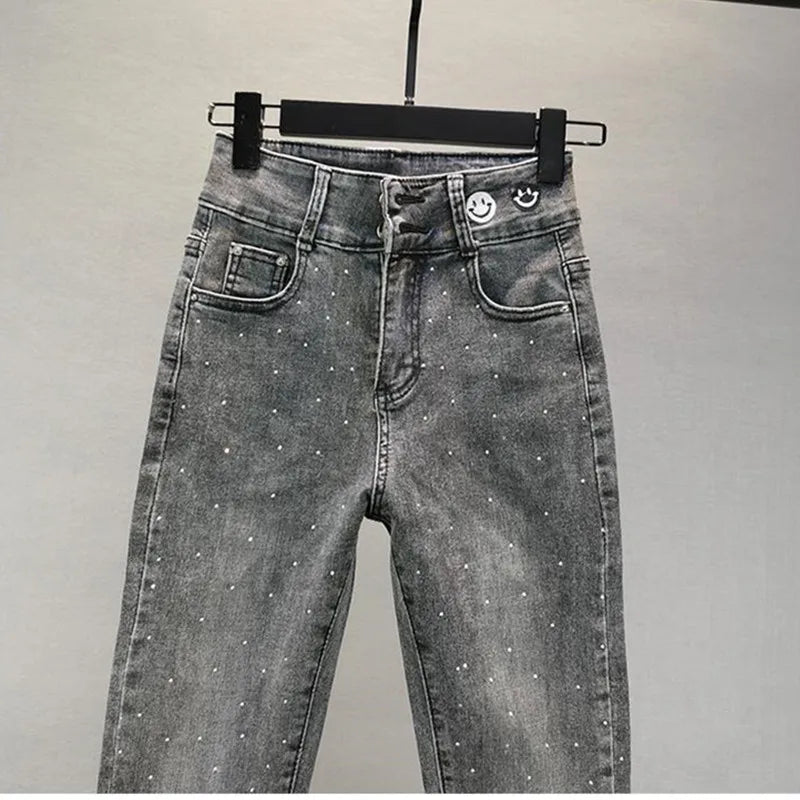 Women's Jeans 2025 Summer New Elastic Slim Heavy Industry Hot Diamond Small Foot Pencil Pants Female Casual Denim Trousers