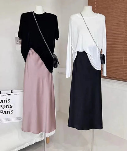 Long Skirts for Women High-waisted Thin Satin Acetate Silky Fishtail Skirt Korean Fashion Clothing Elegant Women's A-line Skirt