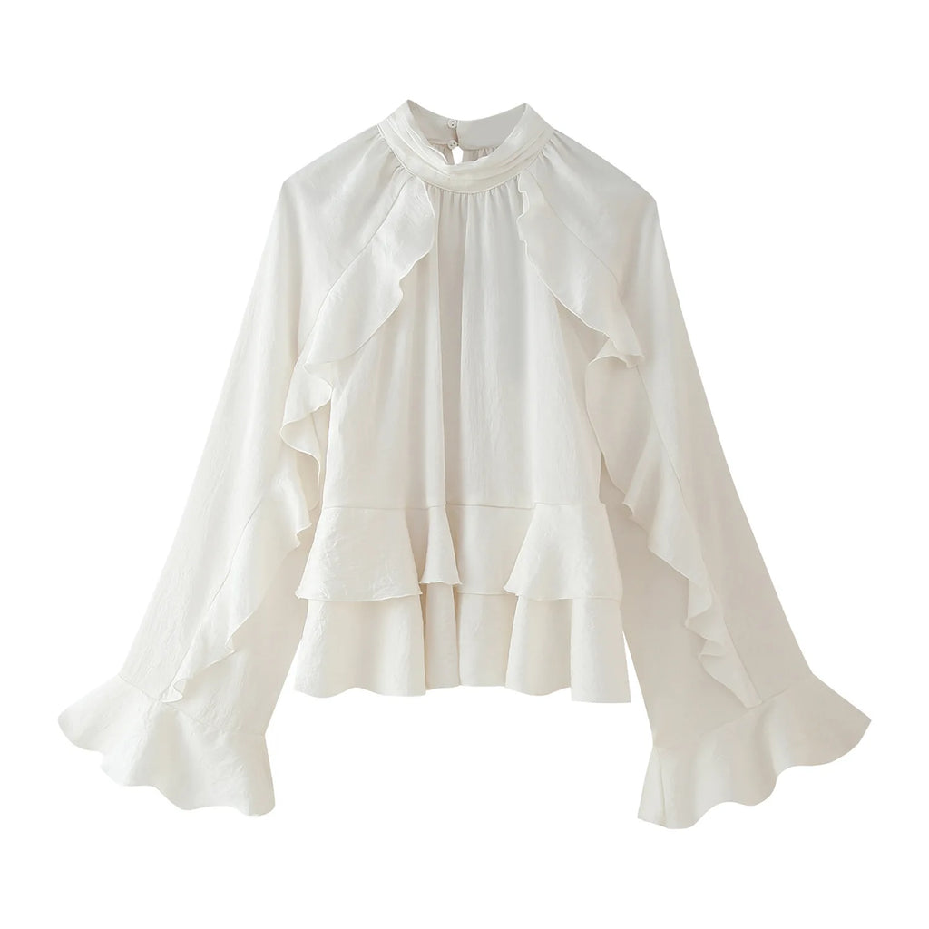 Woman 2025 Tops Ruffle Long Sleeve Top Elegant Womens Blouses Cropped Plain Shirts Beautiful Women's Blouses Vestidos Boho Dress