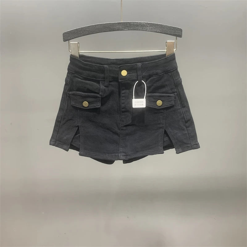 Women Khaki Denim Skirt Y2k Elegant A-Line Skirt Harajuku Korean Vintage Fashion 90s High Waist Jean Shorts Skirts 2000s Clothes