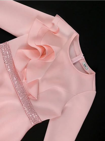 Church Dresses for Women Elegant Ruffles Long Flare Sleeves Sequined Party Bodycon Peplum Classy Occasion African Wedding Guest