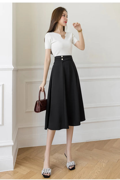 Women's Skirts High Waist Sweet Girl's Mid-calf Skirt Solid Skirts for Women Vintage Long Fashion 2023 Kawaii Summer Women Skirt