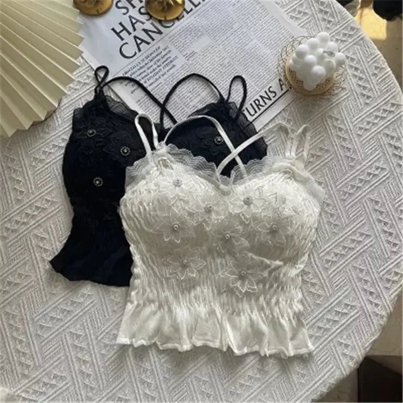Summer Woman Clothes y2k Tops French Diamond Appliqué Camisole Bottoming Shirt Lace Crop Top Women's Folds Spaghetti Strap Tops