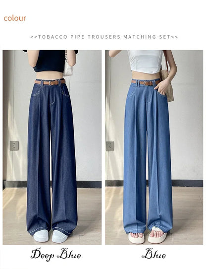 Women's Casual Basic Style Tencel Soft Ice Silk High Waisted Straight Jeans Female Commute Wide-Leg Light Blue Jeans