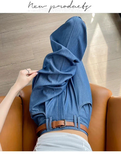 Women's Casual Basic Style Tencel Soft Ice Silk High Waisted Straight Jeans Female Commute Wide-Leg Light Blue Jeans