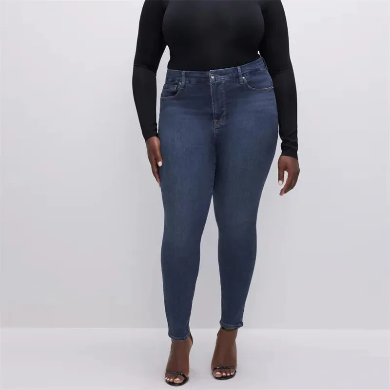 Women Elegant Vintage Stretch Bodycon Jeans Fashion Casual Double Breasted High Waist Skinny Denim Pants Trousers