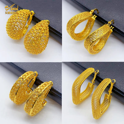 Dubai Simple Fashion Gold Plated Hollow Pierced Earrings Piercings Cartilage Ear Ring for Women Bride Ornament Gift Fine Jewelry