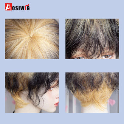 AOSIWIG  Short Curly Cosplay Men Boy Party Light Yellow Synthetic Heat Resistant Hair Wigs Men's Breathable Wig