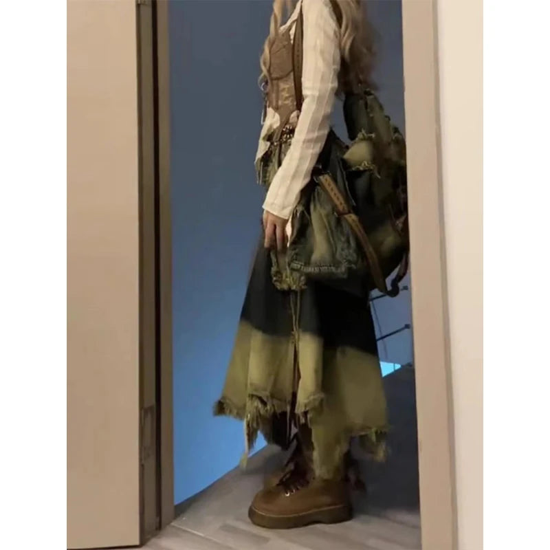 Women Denim Long Skirt Harajuku Y2k 2000s Vintage Skirts 90s Aesthetic Streetwear Fashion Korean Style A-Line Jean Skirt Clothes