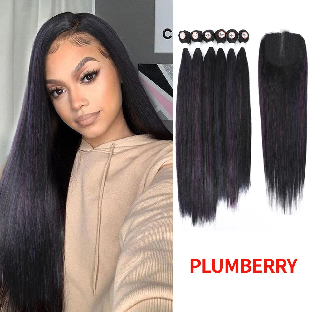 Synthetic Hair Weaving Bundles with 4*4 Clousure Lace Frontal Ombre Wig Natural Wave Straight Hair Extensions Soku Hair Weave