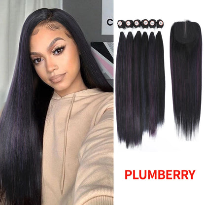 Synthetic Hair Weaving Bundles with 4*4 Clousure Lace Frontal Ombre Wig Natural Wave Straight Hair Extensions Soku Hair Weave