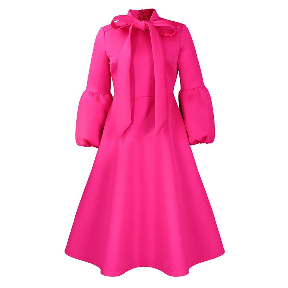 Elegant Dresses for Women Bow Collar Full Sleeve High Waisted A Line Mid Calf Luxury Female Birthday Party Dinner Vestidos Mujer