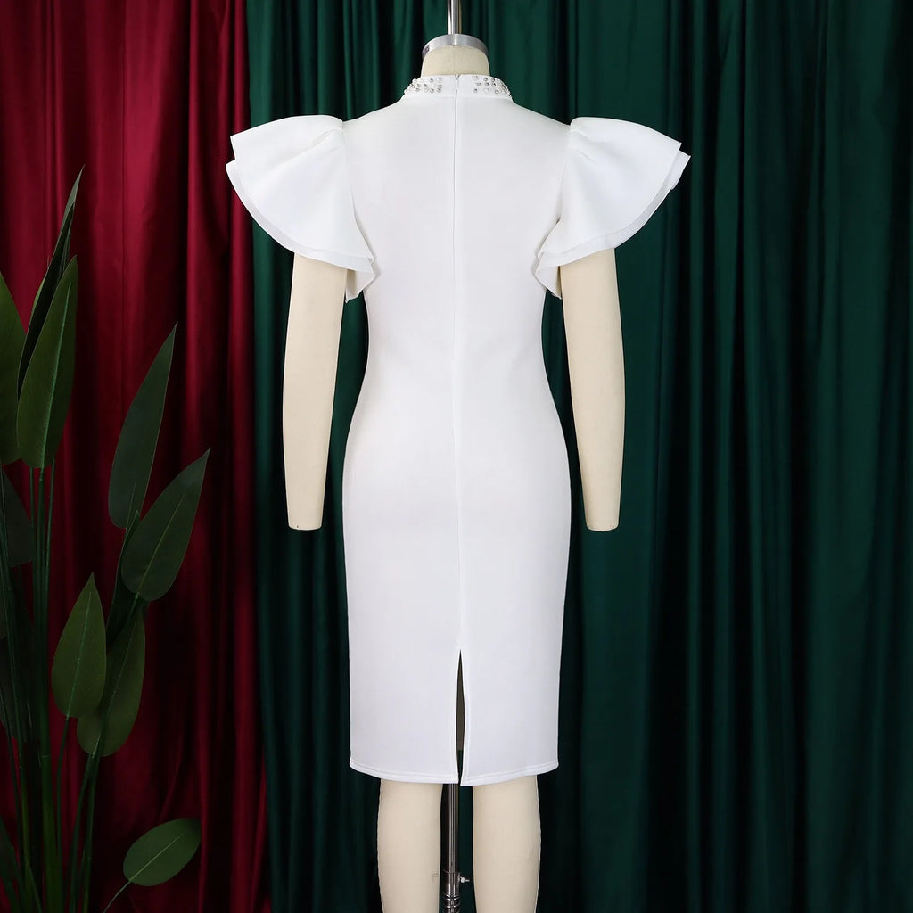 Elegant Dresses for Women O Neck Ruffles Sleeve Beaded Sheath Package Hips Mid Calf Luxury Birthday Party Dinner Vestidos Mujer