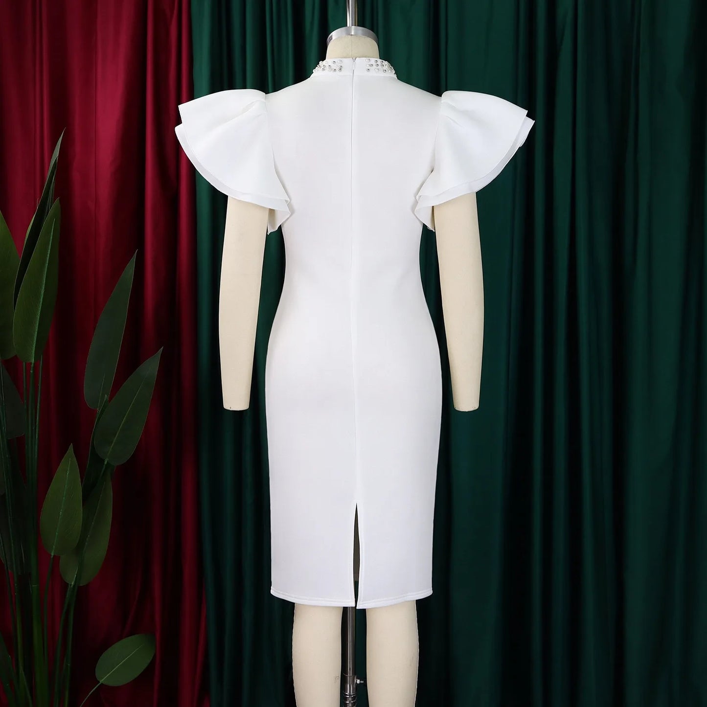 Elegant Dresses for Women O Neck Ruffles Sleeve Beaded Sheath Package Hips Mid Calf Luxury Birthday Party Dinner Vestidos Mujer