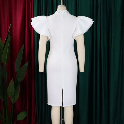 Elegant Dresses for Women O Neck Ruffles Sleeve Beaded Sheath Package Hips Mid Calf Luxury Birthday Party Dinner Vestidos Mujer