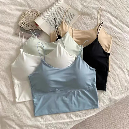 Sexy Women Crop Tops Ice Silk Summer Bra Sports Spaghetti Strap Vest Top Women Built In Bra Off Shoulder Sleeveless Camisole
