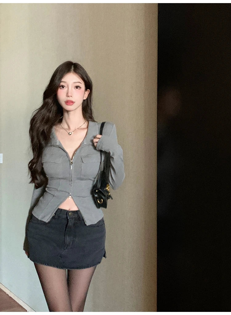 Women T-shirt Spring Autumn Clothes Ribbed Knitted Long Sleeve Short Tops Zipper Design Tee Sexy Female Slim Tops