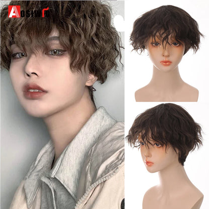 AOSIWIG  Short Curly Cosplay Men Boy Party Light Yellow Synthetic Heat Resistant Hair Wigs Men's Breathable Wig