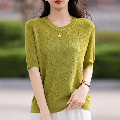 T-shirt Women Tops Summer 2025New Clothing Body O-neck Half Sleeve Tees Shirt  Solid Color Maple Leaf Pattern Casual Fashion Top