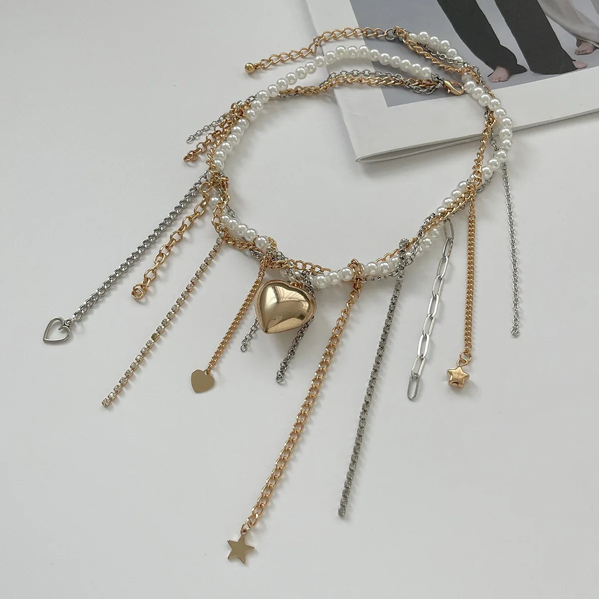 Necklaces for Women Heart-shaped Cross Imitation Pearl Tassel Long Necklace Colliers Femmes Girl Stuff