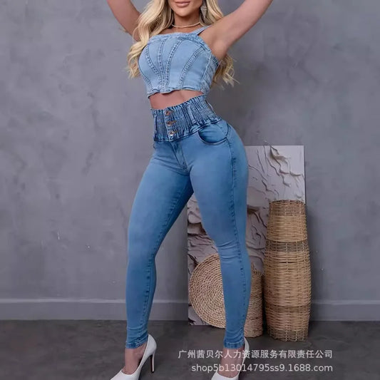 Stretchy Shirred High Waist Skinny Jeans Women Summer Sexy Slim Ankle Length Jeans Denim Pants