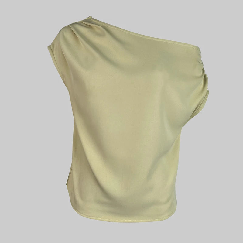 Beautyblue Turmeric Women's Tops One-Shoulder T-Shirts 2025 New Fashion Pleated Slanted Shoulders Sexy Loose Summer Tee Female
