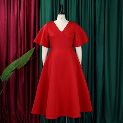 Dress Women Sexy Dresses White Round Neck Flare Sleeve Party Sheath Pleated High Waist Work Elegant Bodycon Mid Length Vestidos