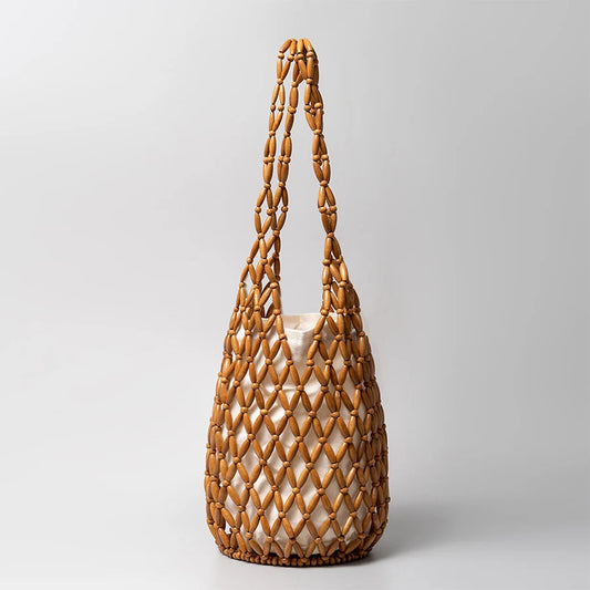 Women Woven hand bag summer design hollow-out wooden bead tote bucket shoulder bag female Reticulate netted canvas beach handbag