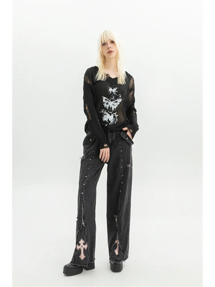 Women Clothing Black Gothic Jeans Pink Cross Y2k Oversize Loose Aesthetic Denim Trousers Harajuku Korean 2000s Jean Trashy Pants