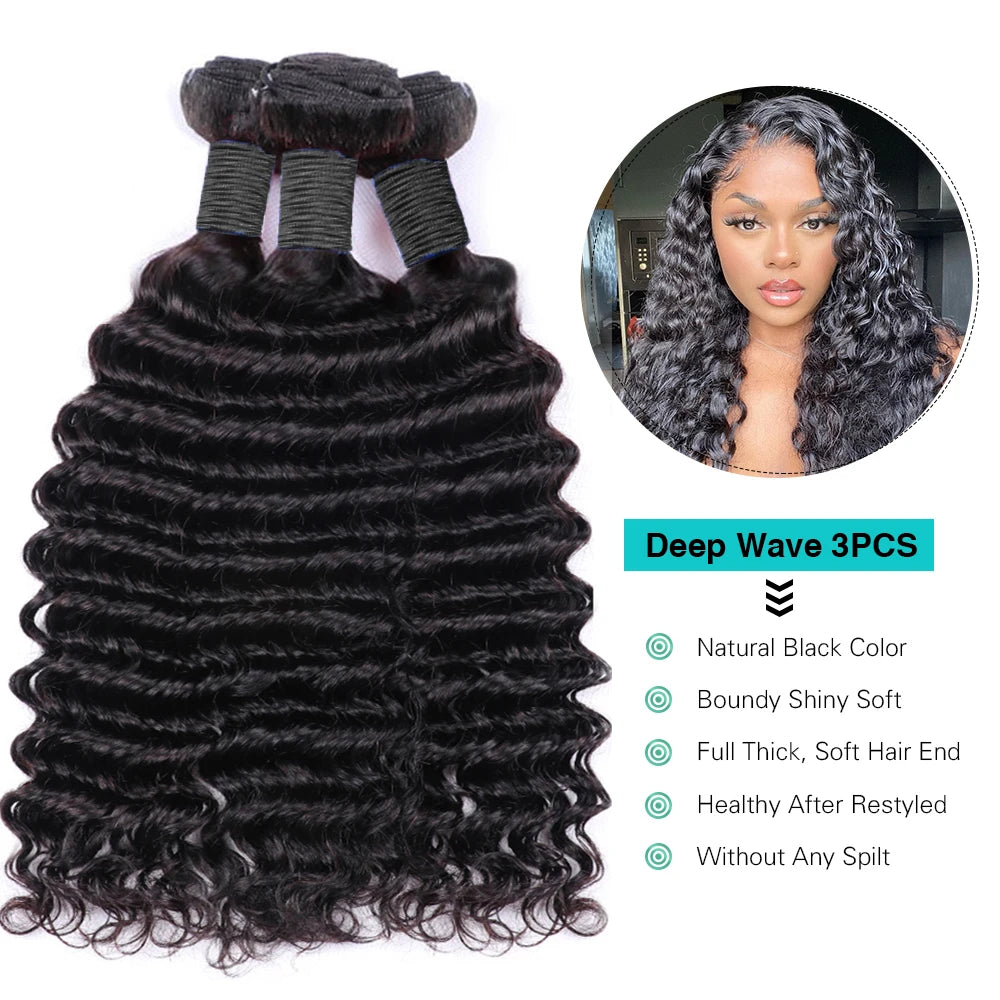 Deep Wave Bundles 3 PCS Natural Color 100% Remy Human Hair Bundles 10-40 Inch 100 Gram Per Bundle Sew In Quick Weave Bundles