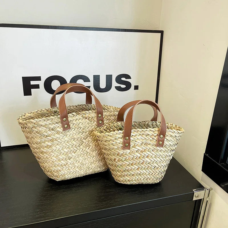 Wicker Woven Basket Bags for Women Handbag Summer Straw Rattan Bag Vacation Travel Beach Bag Handmade Bucket Bags Shopper Tote