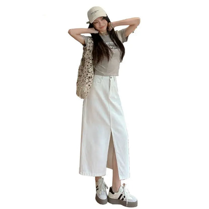 Casual High Quality Maxi Denim Skirts for Women Summer 2025 Fashion White Jeans Dress Long Y2k Medium-length A- Line Skirt Denim