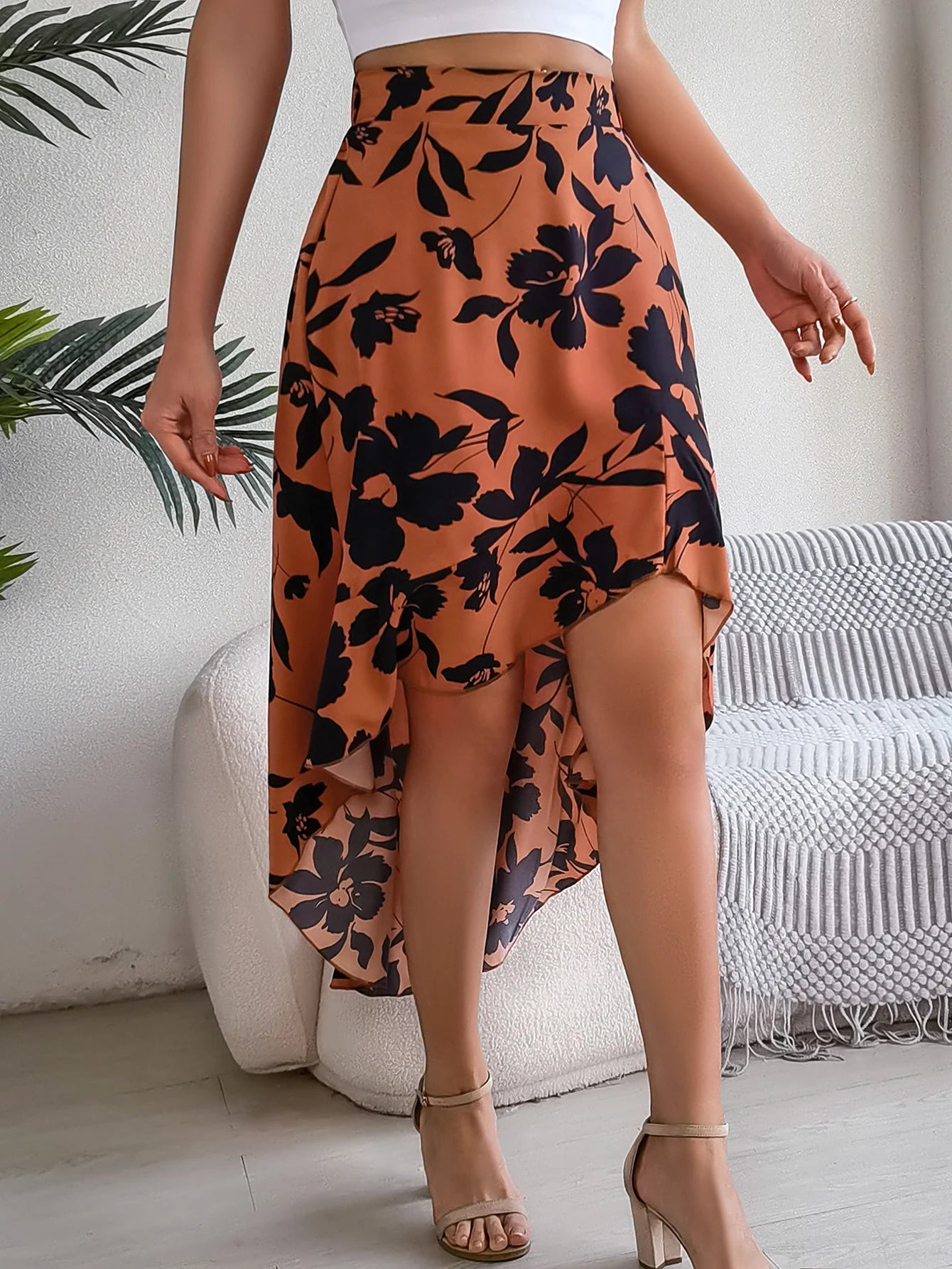 Spring Summer Skirts for Women Casual Floral Print Asymmetric Ruffle Edge Skirt