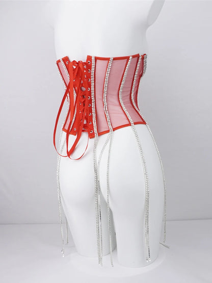 Women Tunic Bras In Waist Corset Tops Fashion Diamond Luxury Diamond Tassel Corset Slim Vest Sexy Tmesh Sheer Top Female 2025