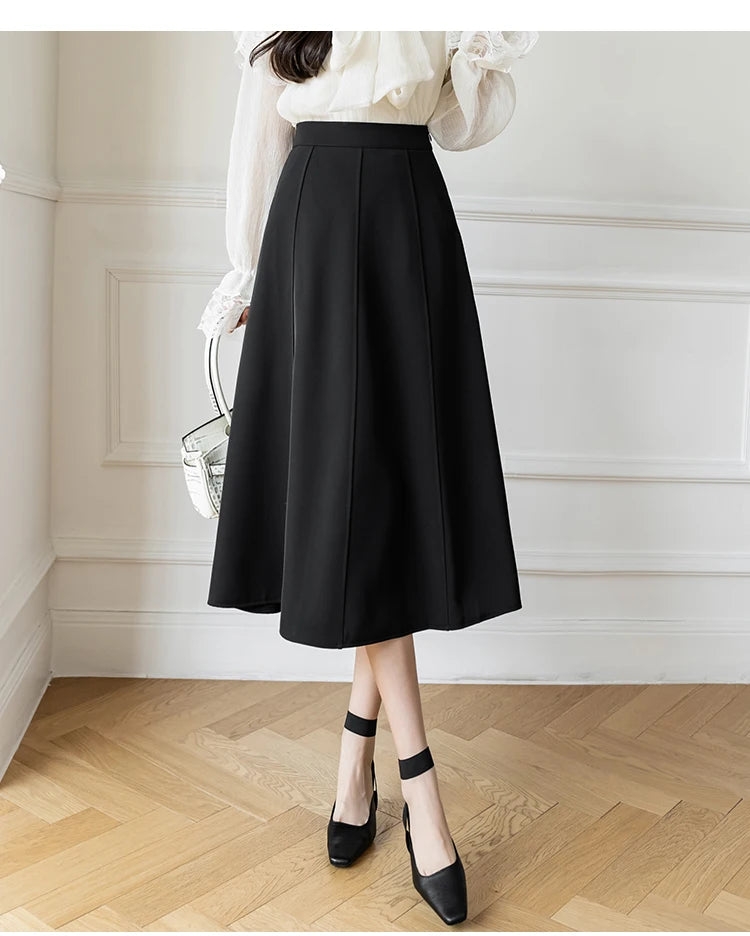 Women's Skirt 2025 Spring Women High Waist Solid Vintage Girl's Waist Down Skirt Knee-length A-line Fashion Thin Skirt for Women