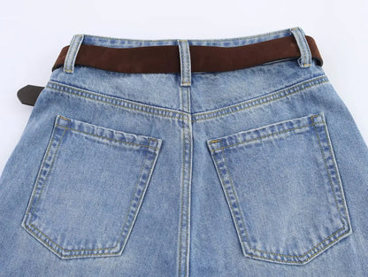 Women's new chic fashion With belt loose side pockets casual versatile jeans retro high waisted zipper women's denim pants