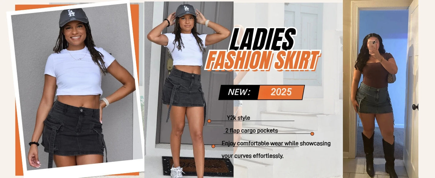 Women Cargo Skirt Denim Mini Low Waist Y2K Jean Skirts with Pockets