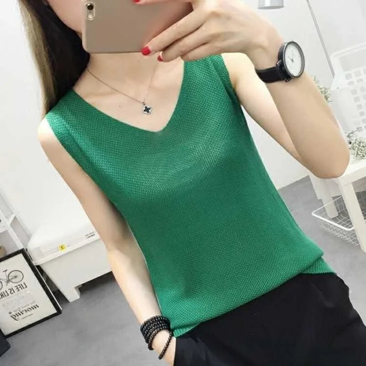 Top women Summer V Neck Hollow Knitted Vest Sleeveless Casual Tank Blusas Tops Sheer Mesh Patchwork T Shirt Bottom Camisole 2019