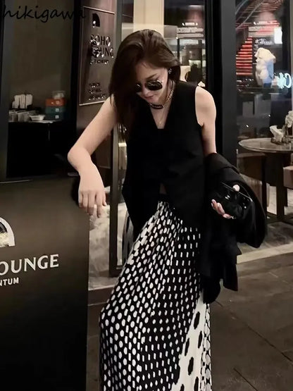 Summer Skirts for Women 2025 Faldas Mujer De Moda High Waist A-line Vintage Polka Dot Jupe Loose Pleated Skirt Korean Long Saia