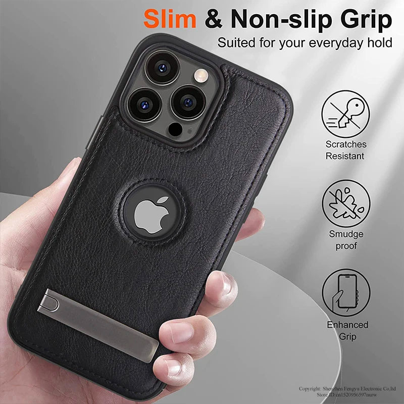 Leather Phone Case for iPhone 15 14 Pro Max Plus 13 12 11 Mobile Cases with Slim Metal Kickstand Soft Grip Luxury Back Cover
