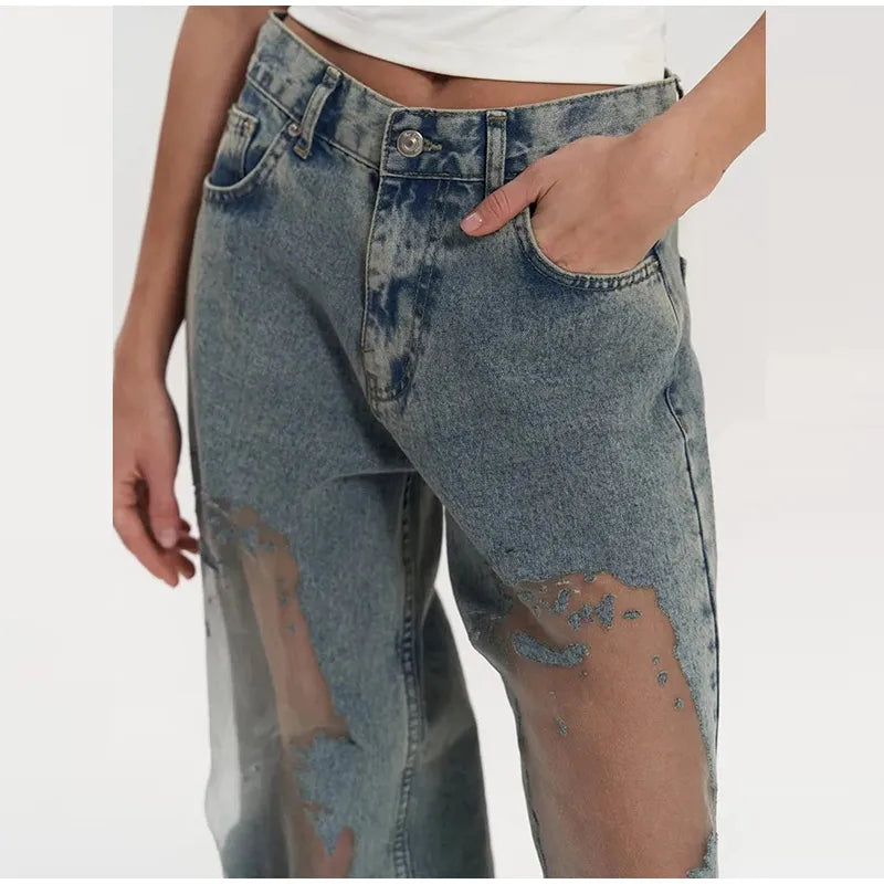 Women's Distressed Ripped Grunge Denim Jeans Gothic Dark High Waist Straight Leg Baggy Pants Trendy Hip Hop Streetwear Trousers
