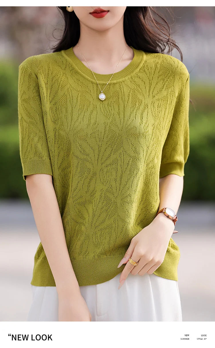 T-shirt Women Tops Summer 2025New Clothing Body O-neck Half Sleeve Tees Shirt  Solid Color Maple Leaf Pattern Casual Fashion Top