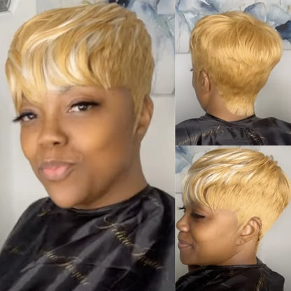 WIGERA  Highlight Synthetic Wigs Short Straight  Pixie Cut Hair Bob Wig Honey Gold Mix Black  Hair For Woman