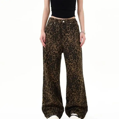 Women's leopard print jeans autumn and winter fashionable versatile loose retro casual pants straight leg wide leg pants