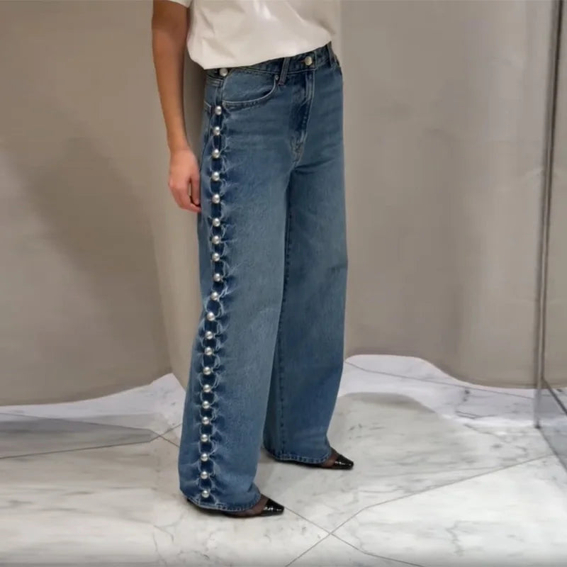Women's Fashion Punk Washing Denim Pant Vintage Metal Straight Wide Leg Long Jeans 2025 New Lady Y2k Fashion Denim Trousers
