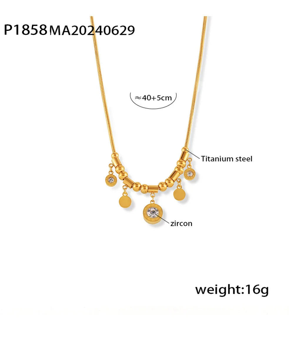 Necklace for Women Round Zircon Roman Pendant Tassel Charm Luxury Gold Plated Stainless Steel Jewelry Wholesale