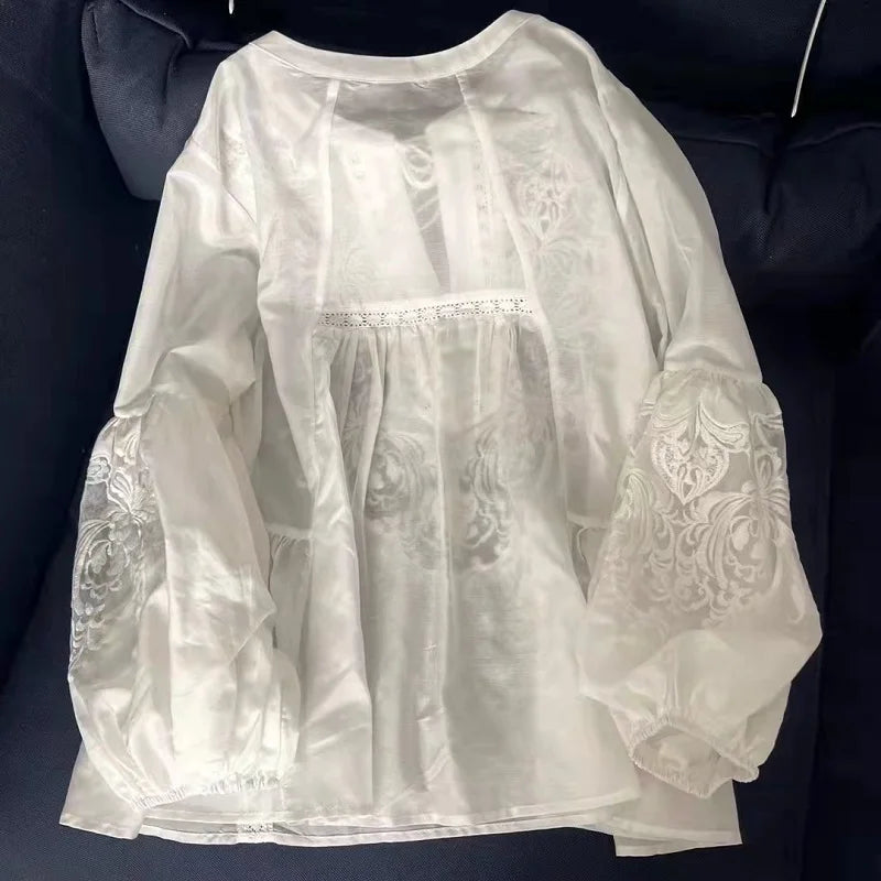 Tops Fashion Designer Blouses 2024 Spring Summer Tops Women Lurex Embroidery Long Sleeve Casual Loose White  Cotton Blouse