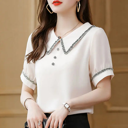 Top for Woman Office Outfits Clothing Black Women's Shirts and Blouses Chiffon Wear To Work Formal Collar Short Sleeve New 2024