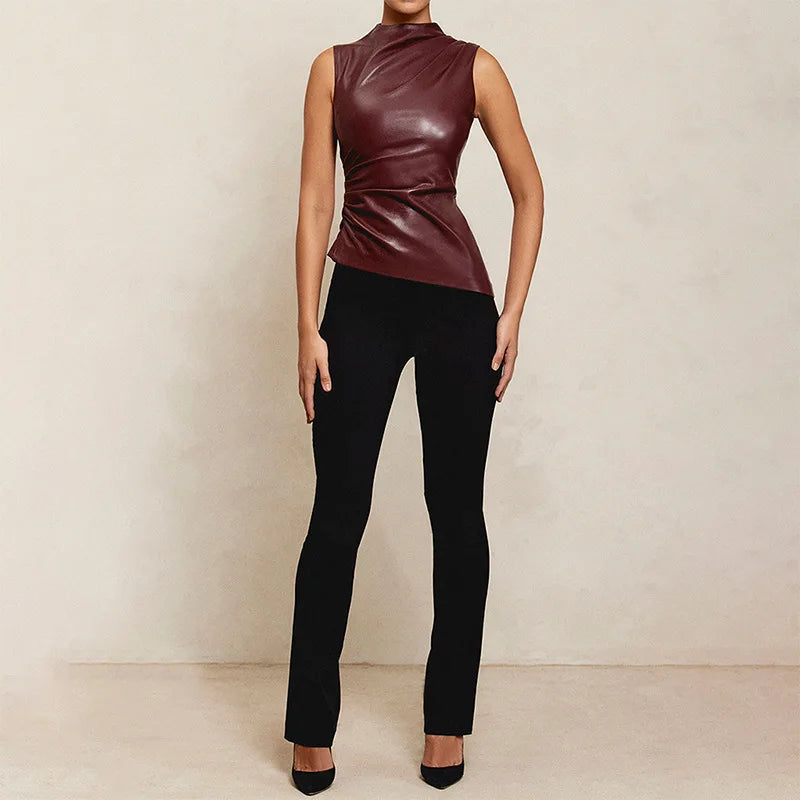 Women Y2K Vintage Pu Simple Basic Tank Top High Waist Skinny Shrunk Slash Cut Sleeveless Tops Versatile Noble Shirts