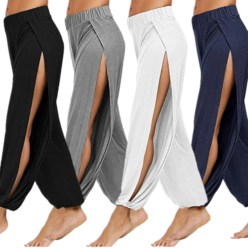 Women Sports Yoga Pants Summer High Slit Haren Pants Solid Loose Hippie Harem Wide Leg Pants Trousers
